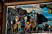 Yangon Myanmar. Shwedagon Pagoda (the Golden Stupa). Details of the panels at the sides of the  southern stairway narrating the legend of the of Shwedagon Paya. 